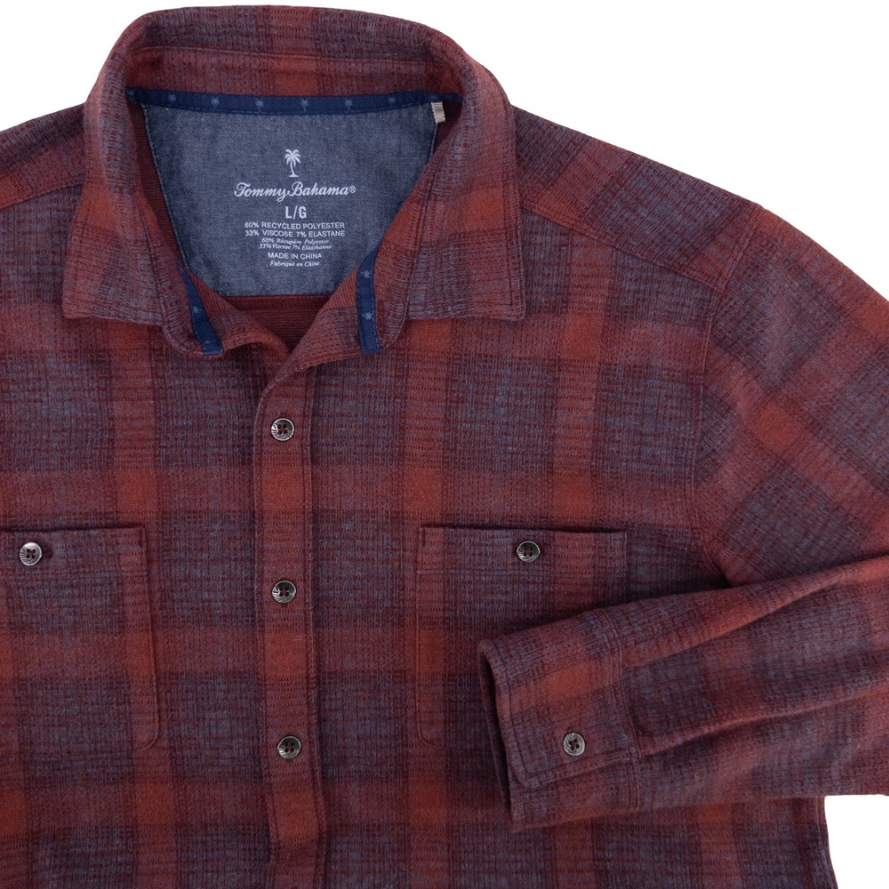 Tommy Bahama Mens Large Fireside San Miguel Stretch Flannel Shirt Burgundy Plaid
